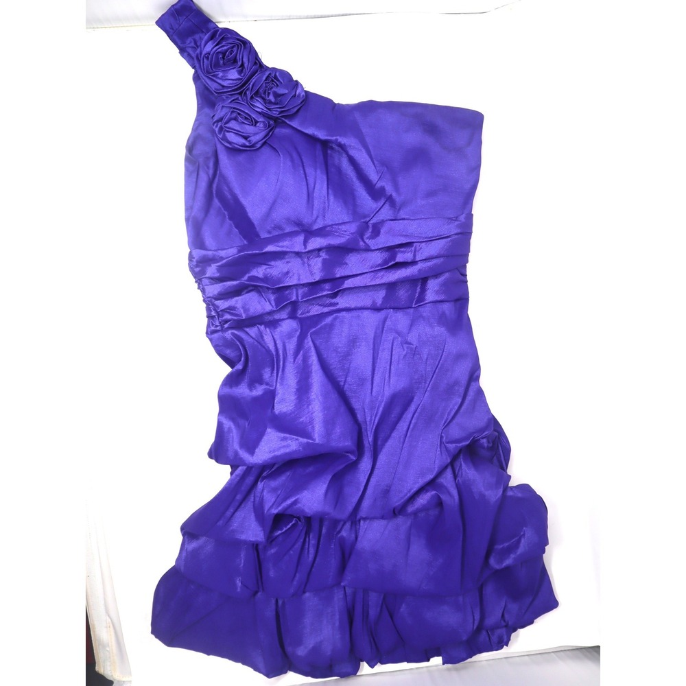 Purple One Shoulder Dress S Masquerade Rosette Ruffle Taffeta Y2K Amethyst Prom